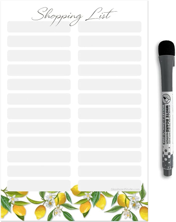 Dry Erase Shopping List Vinyl Sticker Decal Whiteboard by Glassboard Studio | Removable & Reusable | Magnetic Fine-Tip Marker Included (6 x 9 inches, Lemon Fresh)