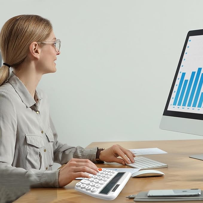 White Calculator, Standard Calculator 12 Digit with Large LCD Display and Big Buttons,White Office Supplies and Desk Accessories,Cute Calculator for Home, Office, School, Class and Business