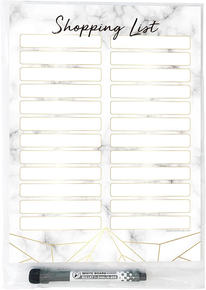 Dry Erase Shopping List Vinyl Sticker Decal Whiteboard by Glassboard Studio | Removable & Reusable | Magnetic Fine-Tip Marker Included (9 x 12 inches, Marble)