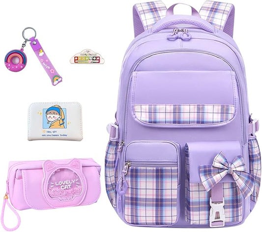 Purple Girls Backpack for Elementary School - 5Pcs Kawaii Bookbag for Kids Cute Plaid Girls Schoolbag Daypacks for Students Teen Kids Casual Travel Bag (Purple Plaid)