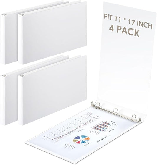 4 Pcs 11 x 17 Inch 3 Ring Binders 1.5 Inch Rings Heavy Duty View Plastic Flexible D Ring Binders Economy Holds 11" x 17" Paper for Artwork Blueprints, Office, Home, Work Places(White)