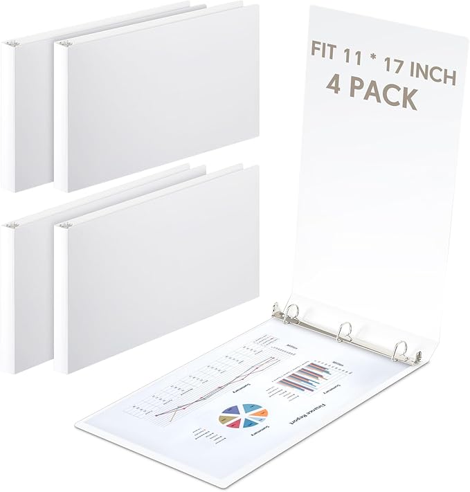 4 Pcs 11 x 17 Inch 3 Ring Binders 1 Inch Rings Heavy Duty View Plastic Flexible D Ring Binders Economy Holds 11" x 17" Paper for Artwork Blueprints, Office, Home, Work Places (White)