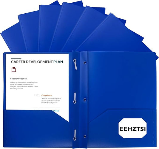 12-Pack Plastic Folders with Pockets and Prongs,2-Pocket Folders with 3 Fasteners, Poly Folders Holds 8-1/2" x 11" Paper for School/Office/Home, Blue