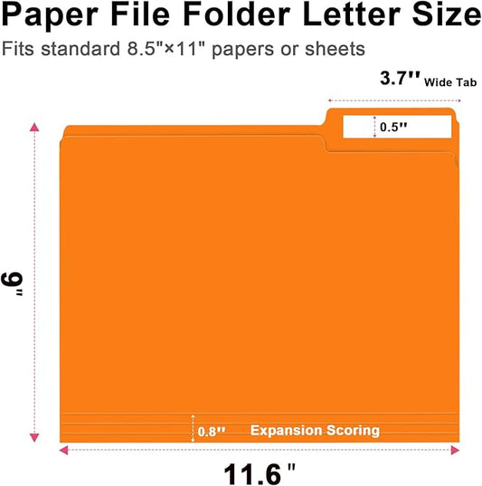 File Folder, RAZCC 100 Pack 1/3 Cut Tab File Folders Letter Size, Orange, Folders with Tab, Great for Organizing and Easy File Storage