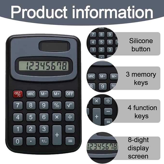 50 Pcs Small Basic Calculators Mini Calculator Pocket, 4 Function Calculator 8 Digit Display Basic Calculators for Office School and Home (Black)