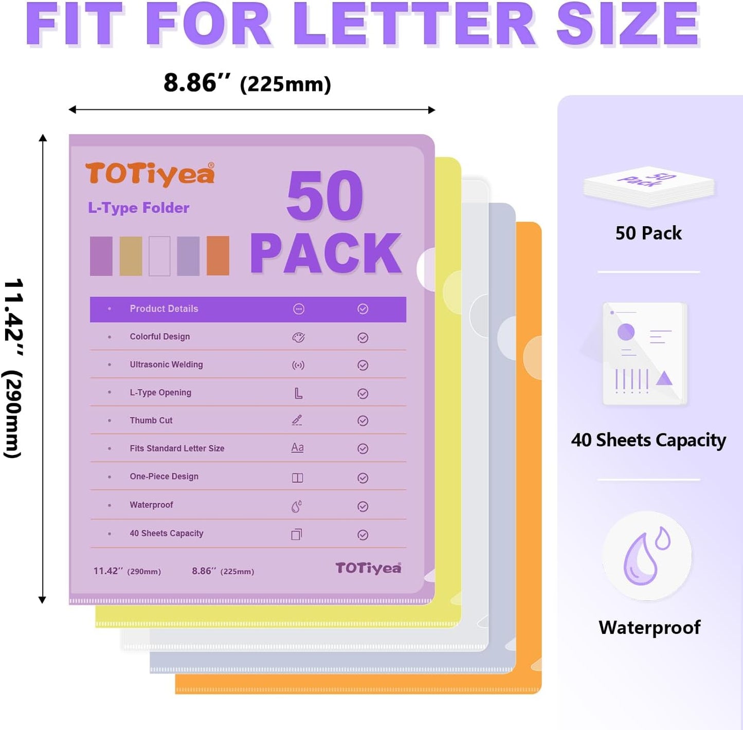 TOTiyea 50 Pack Clear Folder, Plastic L-Type Folders, Clear Colored Copy Safe Project Pocket, Fits Letter Size 8.5x11 Paper, Assorted Colors