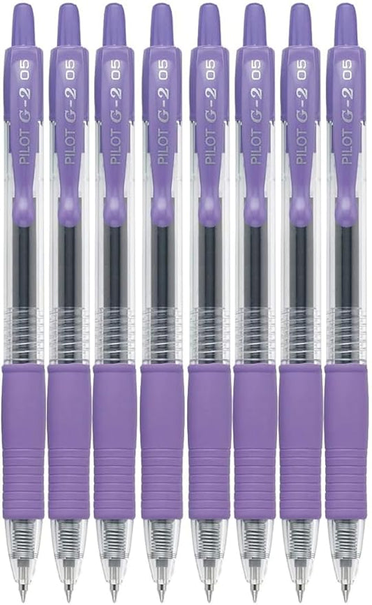 G2 Retractable Premium Gel Ink Roller Ball Pens Extra Fine Point (.5mm) Purple Ink 8 pack; Refillable & Premium Comfort Grip Bundle with Plastic Reusable Pouch