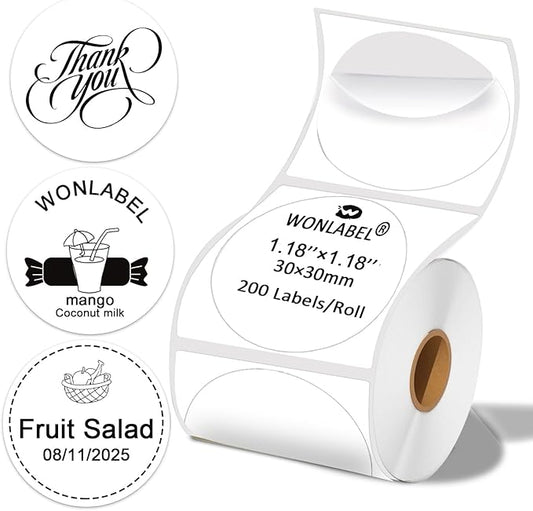 1.18×1.18 Round Thermal Labels for T50M/M110/M108/M220/M260 Label Makers, Self-Adhesive Stickers Thermal Printer Labels for DIY Logo Design, Thanks Card, 200PCS/Roll 30mmx 30mm, White