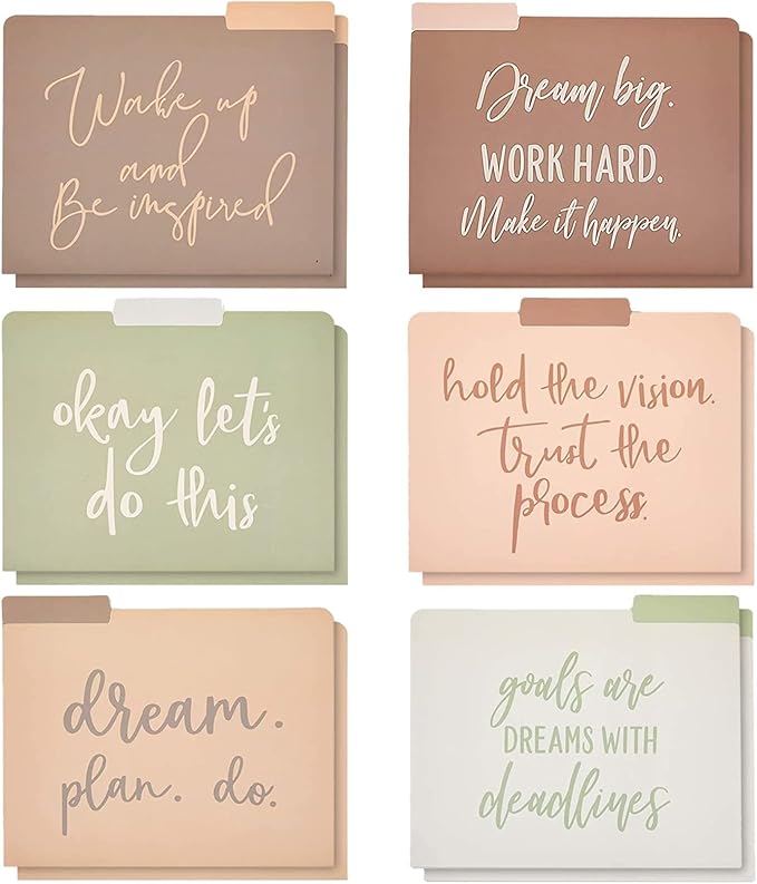 12 Pack Decorative File Folders, Letter Size for Women, Cute Earth Tone Aesthetic Office Supplies with Inspirational Sayings, 1/3 Cut Tabs (11.5 x 9.5 in)