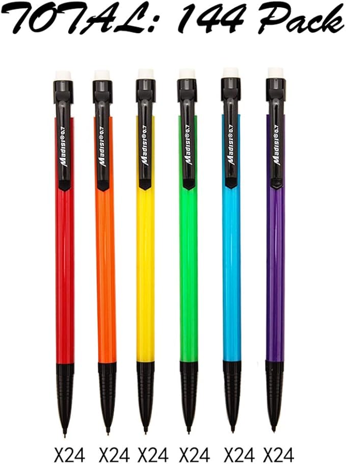 Madisi Mechanical Pencil, 0.7mm Medium Point, HB #2 Lead, Assorted Barrels, 144-Count