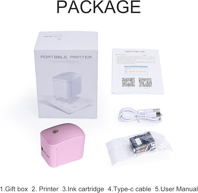 Mini Portable Handheld Temporary Tattoo Printer for iOS & Android APP Label Qrcode Barcode Printer (Pink)