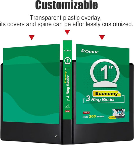 COMIX Economy 1 inch Binders 3 Ring with Clear View Cover, 1" Round Ring Presentation Binder Holds 200 Sheets of US Letter Size Paper, 12 Pack (Black)