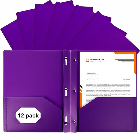 2-Pocket Folders with 3 Prongs,12-Pack Plastic Folders with Pockets and Prong Holds Letter Size Paper, Plastic Pockets Folder for School, Office and Home, Purple