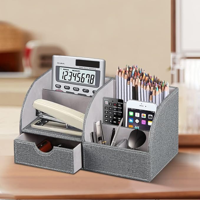 Desk Organizer, PU Leather Desktop Organizers and Accessories, Office Supplies Multi-Functional Caddy Storage with 6 Compartments and 1 Drawer,
