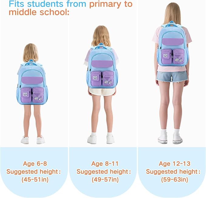 VASCHY Backpack for Girls, Cute School Bag Bookbag for Elementary Middle Schooler Teen Girls/Kids Travel with Clear Pin Pouch Sky Blue