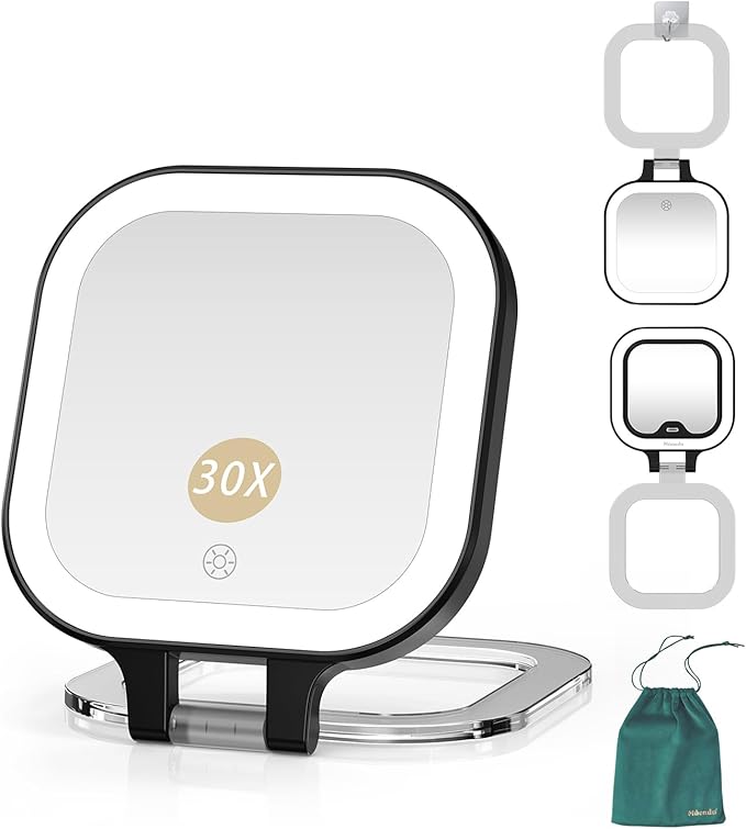 Mocado Compact Travel Makeup Mirror, 1X/30X Magnifying Mirror with Light, Double Sides Compact Mirror with 3 Color Light, Dimmable Handheld Mirror, Rechargeable Travel for Purse,Pocket(Black)
