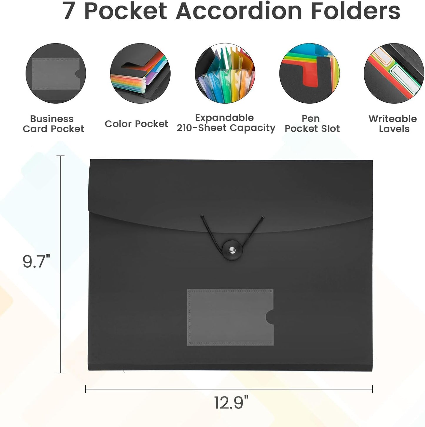 Accordion File Organizer, 7 Pockets Expanding File Folder with Labels, A4/Letter Size Portable Folders for Documents, Paper Organizer for School Office Supplies, Black