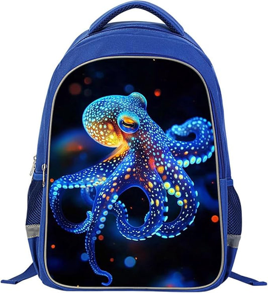 Kids Backpack, 3D Reflective Cartoon, 600D Polyester & Dual Zippers, 17" Bookbag with Ergonomic Design for boys & girls age 6-18, Octopus Space Style for school Children Kids