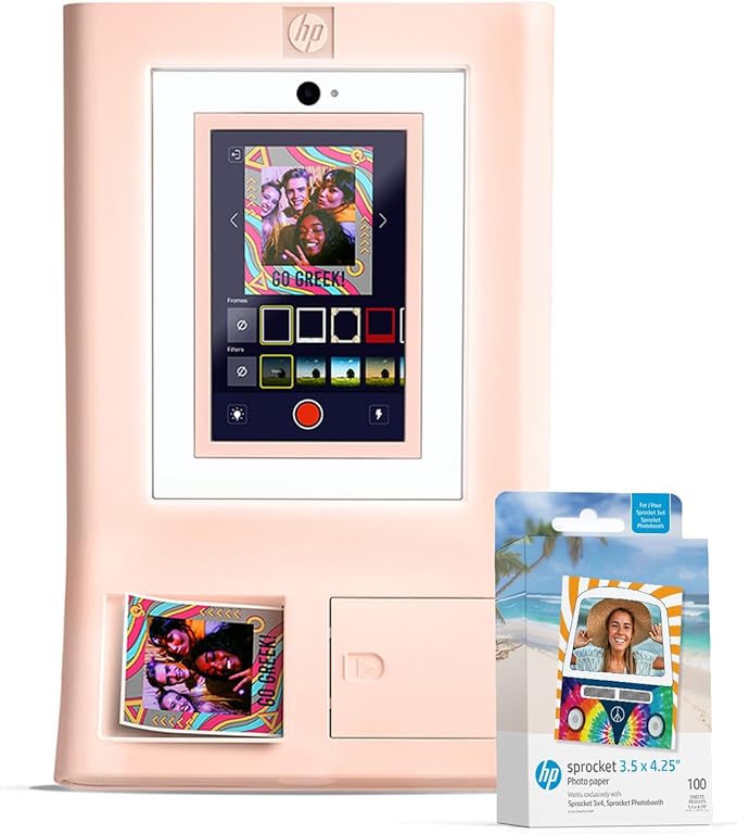 HP Sprocket Photo Booth + 110 3x4 Zink Paper Sheets, Digital Instant Color Photo Printer, 10.1" Touchscreen Photobooth, LED Ring Light, Customize w/ 250+ Frames, Share via QR Code, Mobile App, Pink