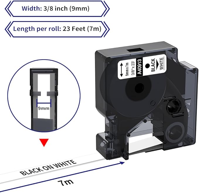 6-Pack Compatible Dymo 41913 (40913) 3/8 Inch D1 Label Tape Black on White 9mm Refills S0720680 for DYMO LabelManager 160 280 360D Label Maker COLORPOP, 23Ft