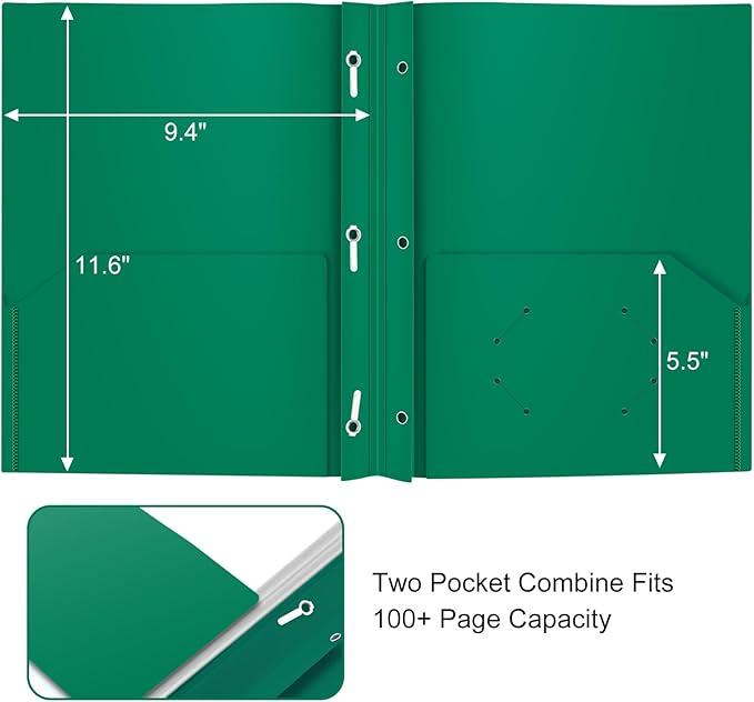 ViVin Sturdy 12-Pack Plastic Folders, Folder with Pockets and Prongs, 2 Pocket Poly File, Plastic Folders with 3-Prong Fasteners, fits 8.5 * 11 Letter Size Paper, for School/Home/Office Use (Green)