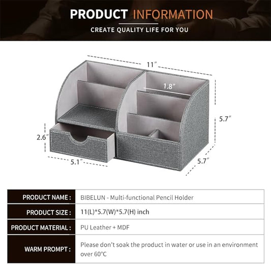 Desk Organizer, PU Leather Desktop Organizers and Accessories, Office Supplies Multi-Functional Caddy Storage with 6 Compartments and 1 Drawer,