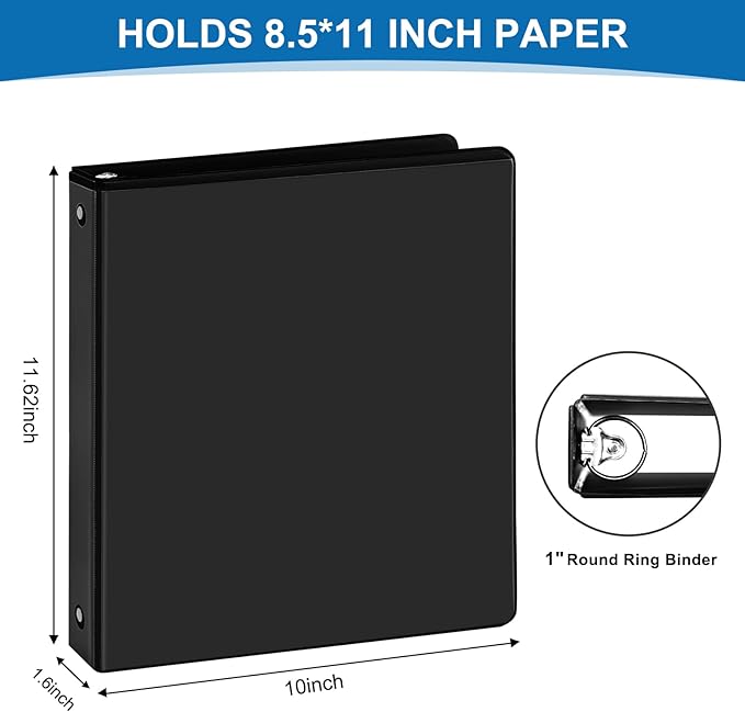 1 inch 3-Ring Binder, 1" Round Ring Binder with 2 Inside Pockets, Bulk Basic Binders, Clear View Cover 1-inch Binders Holds 8.5'' x 11''Paper for Office/Home/Back to School（Pack of 12, Black