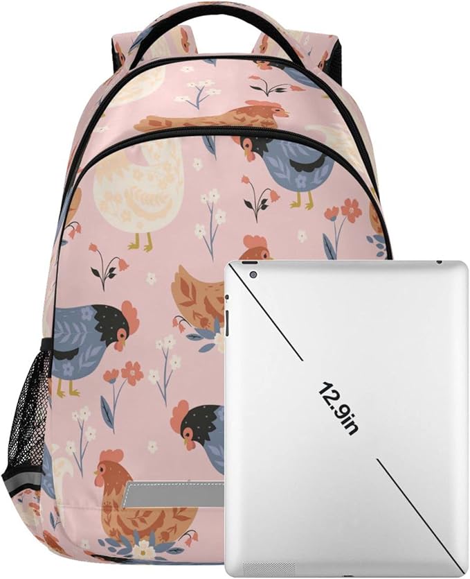 Chickens and Flowers Backpack for Girls Kids Boys School Bookbags,Student Laptop Backpack Carrying Bag Casual Lightweight Travel Sports Day Packs
