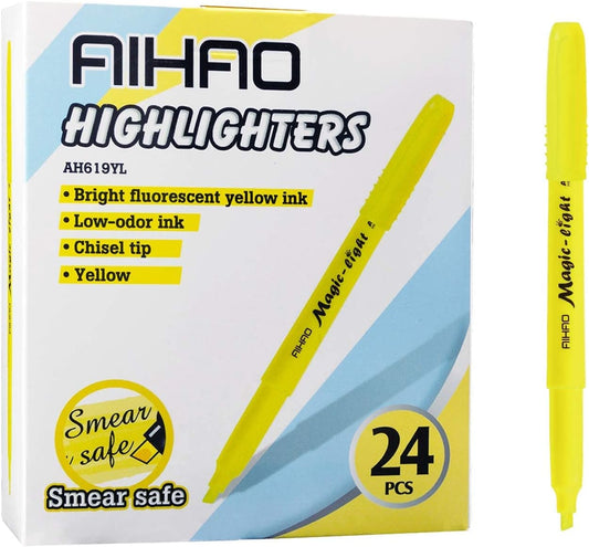 AIHAO Yellow Highlighters Markers, Chisel Tip Highlighter Pens, Pocket-Style, Fluorescent Yellow, 24 Pack