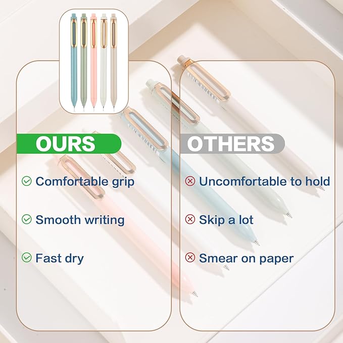 Gel Pens, 5 Pcs 0.5mm Retractable Quick Dry Black Ink Fine Point Rolling Ball Gel Pen, Smooth Writing No Bleed for Journaling Note Taking, Home School Office Supplies