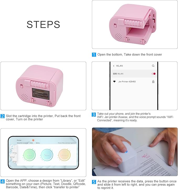 Mini Portable Handheld Temporary Tattoo Printer for iOS & Android APP Label Qrcode Barcode Printer (Pink)