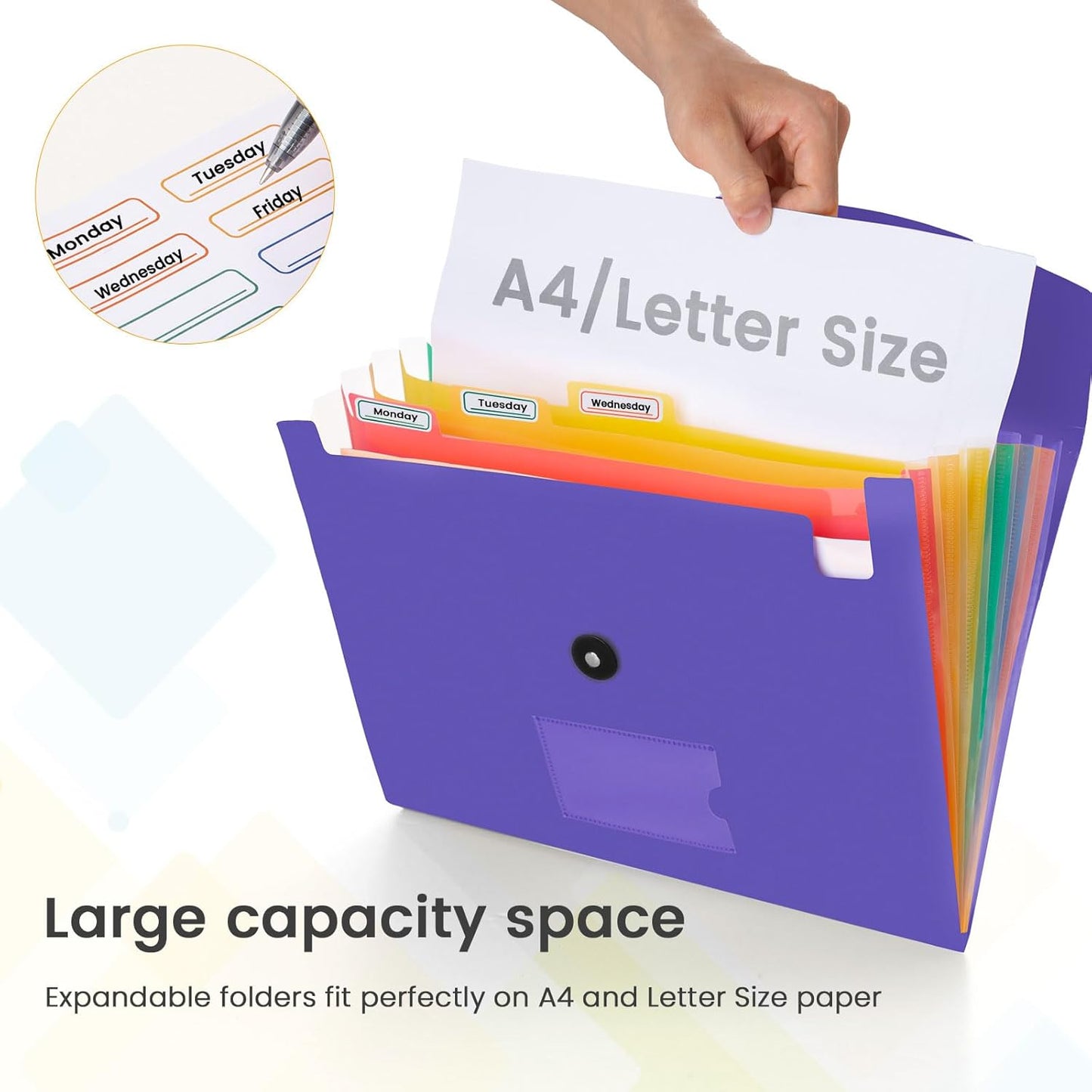 Accordion File Organizer, 7 Pockets Expanding File Folder with Labels, A4/Letter Size Portable Folders for Documents, Paper Organizer for School Office Supplies, Purple Blue