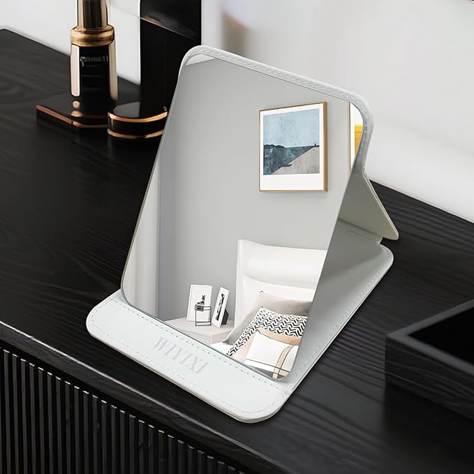 gogofree Foldable Desktop Mirror, 8" × 6" Adjustable Angle Makeup Mirror with Stand, Black Small Mirror for Travel Camping and Home (White)