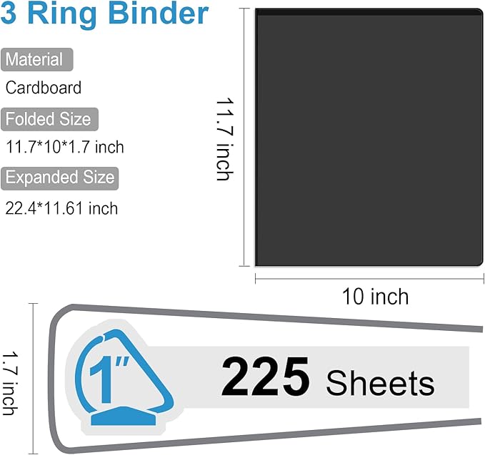 Comix Sturdy 3-Ring-Binder 1-inch D Ring Binders Hold 225 Sheets of 8.5" x 11" Paper, 8 Pack (Black)