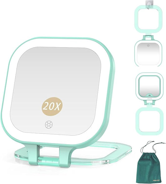 Mocado Compact Travel Makeup Mirror, 1X/20X Magnifying Mirror with Light, Double Sides Compact Mirror with 3 Color Light, Dimmable Handheld Mirror, Rechargeable Travel for Purse,Pocket(Green)