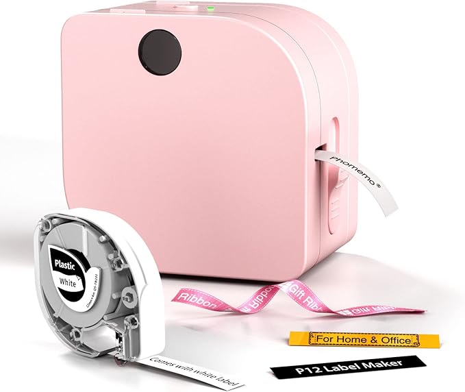 Phomemo Label Maker Machine with Tape, P12 Portable Bluetooth Label Maker Thermal Mini Label Printer with Multiple Templates for Home, Office, Kitchen, Storage, Organizing, Pink