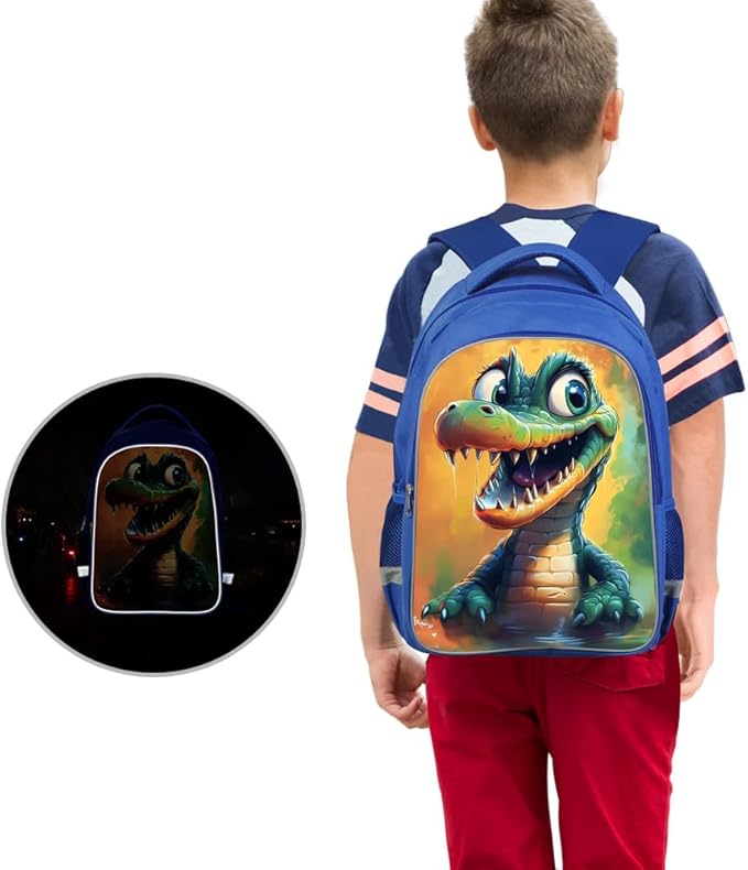 Kids Backpack, 3D Reflective Cartoon, 600D Polyester & Dual Zippers, 17" Bookbag with Ergonomic Design for boys & girls age 6-18, Crocodile Space Style for school Children Kids
