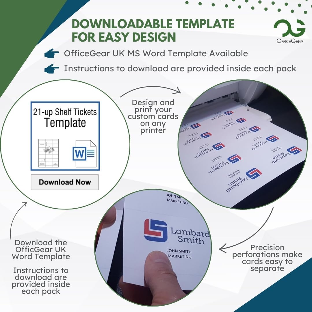 OfficeGear Shelf Edge Barcode Price Ticket Labels 21-up [55 Sheets - 1155 Pack] 38x70mm Custom Printable A4 120gsm Card Micro-Perforated Non-Adhesive Merchandise Tag Includes Design Template