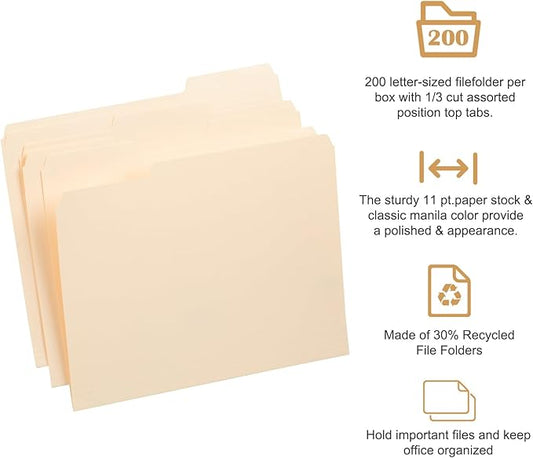 Manila File Folder, 1/3-Cut Tab, Letter Size, Manila Folders with Tab, 200 per Box