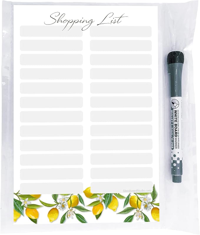Dry Erase Shopping List Vinyl Sticker Decal Whiteboard by Glassboard Studio | Removable & Reusable | Magnetic Fine-Tip Marker Included (6 x 9 inches, Lemon Fresh)
