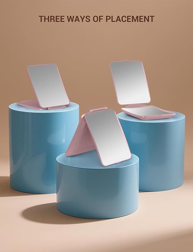 Travel Makeup Mirror with 1X/10X Magnifying, Portable Folding Make Up Tabletop Mirror for Office, Compact Vanity Mirror for Travel (Rose Pink, No LED Lights)