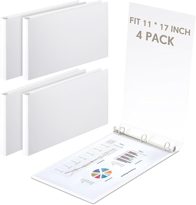 4 Pcs 11 x 17 Inch 3 Ring Binders 0.5 Inch Rings Heavy Duty View D Ring Binders Economy Holds 11" x 17" Paper for Artwork Blueprints, Office, Home, Work Places(White)