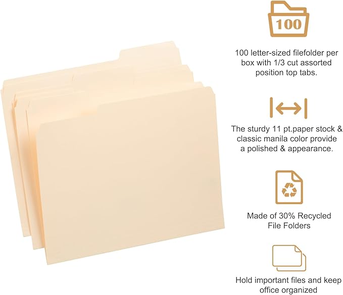 Manila File Folder, 1/3-Cut Tab, Letter Size, Manila Folders with Tab, 100 per Box