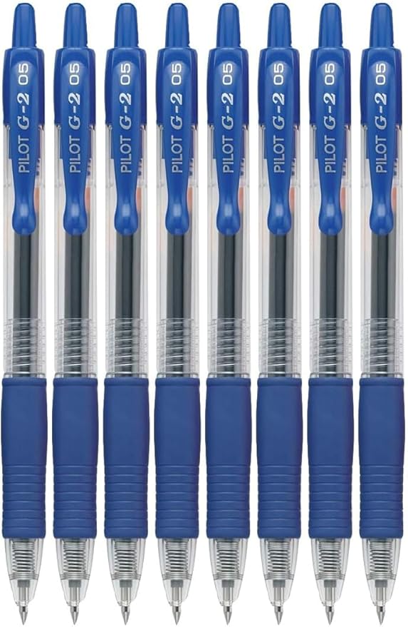 G2 Retractable Premium Gel Ink Roller Ball Pens Extra Fine Point (.5mm) Blue Ink 8 pack; Refillable & Premium Comfort Grip Bundle with Plastic Reusable Pouch