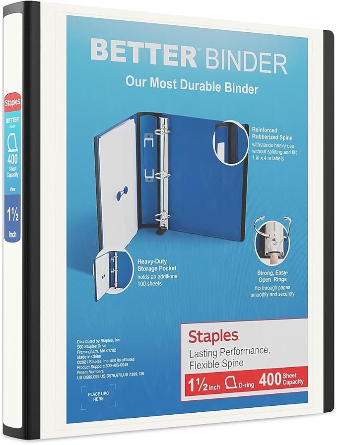 1-1/2 Inch Staples Better View Binders with D-Rings (White)