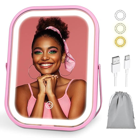 Lighted Vanity Mirror, Rechargeable Travel Makeup Mirror with Lights, 8''x6'' Desk Mirror with Lights,Make up Mirror with Lighting for Makeup Desk ＆ Dressing Room