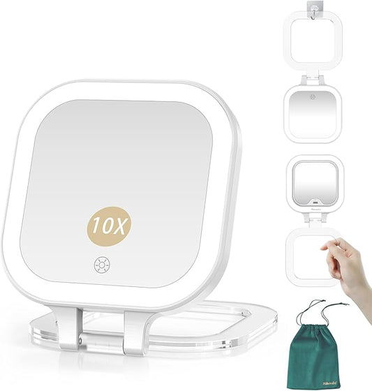 Mocado Compact Travel Makeup Mirror, 1X/10X Magnifying Mirror with Light, Double Sides Compact Mirror with 3 Color Light, Dimmable Handheld Mirror, Rechargeable Travel for Purse,Pocket(White)