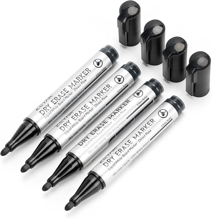 ZEYAR Dry Erase Marker Low-Odor Bullet Tip, Ultra-Large Capacity, Advanced Direct Flow Structure, Whiteboard Marker for School, Office, Home, 4 Count (4 Black)