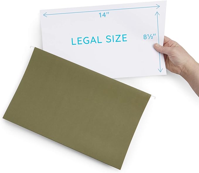 Blue Summit Supplies Legal Size Hanging File Folders, 2" Expansion, 1/3 Cut Adjustable tabs, Legal Size, 5 Tab Locations, Designed for Legal and Law Office File Organization, Standard Green, 25 Pack