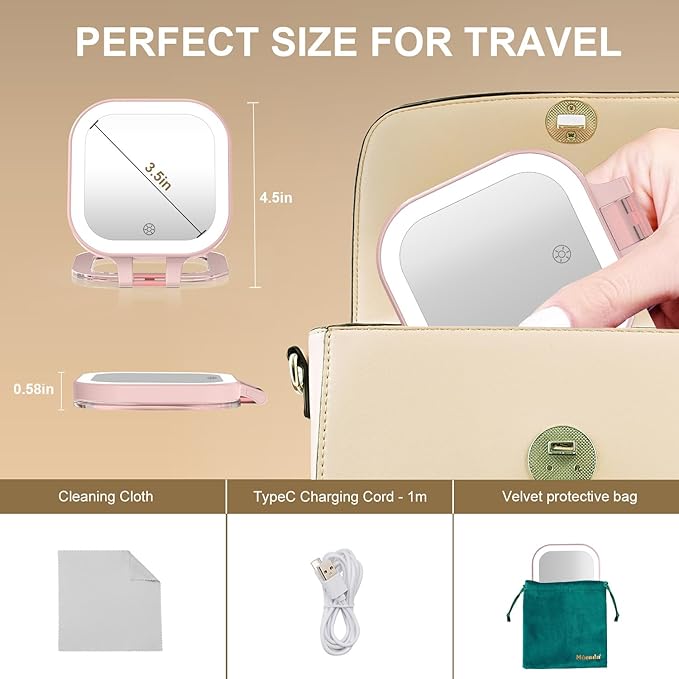 Mocado Compact Travel Makeup Mirror, 1X/30X Magnifying Mirror with Light, Double Sides Compact Mirror with 3 Color Light, Dimmable Handheld Mirror, Rechargeable Travel for Purse,Pocket(Pink)